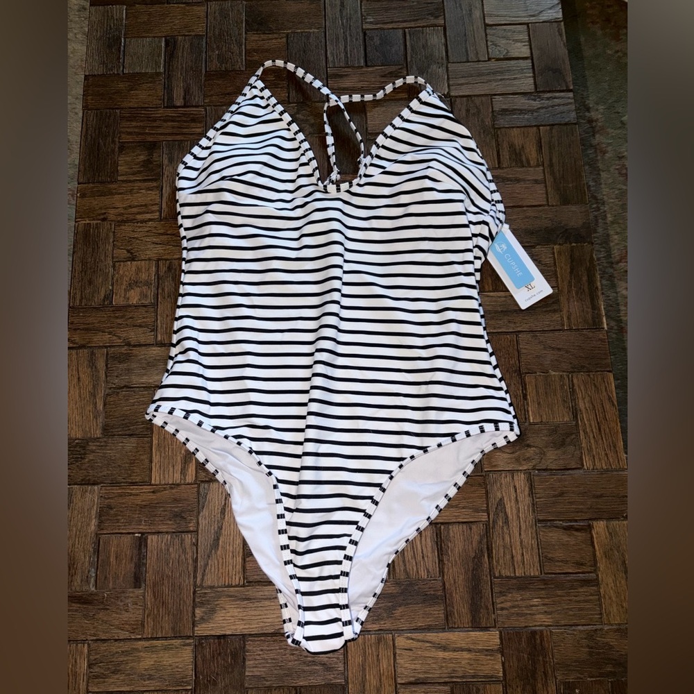 Cupshe one piece bathing suit swim new nwt xl black white stripe strappy